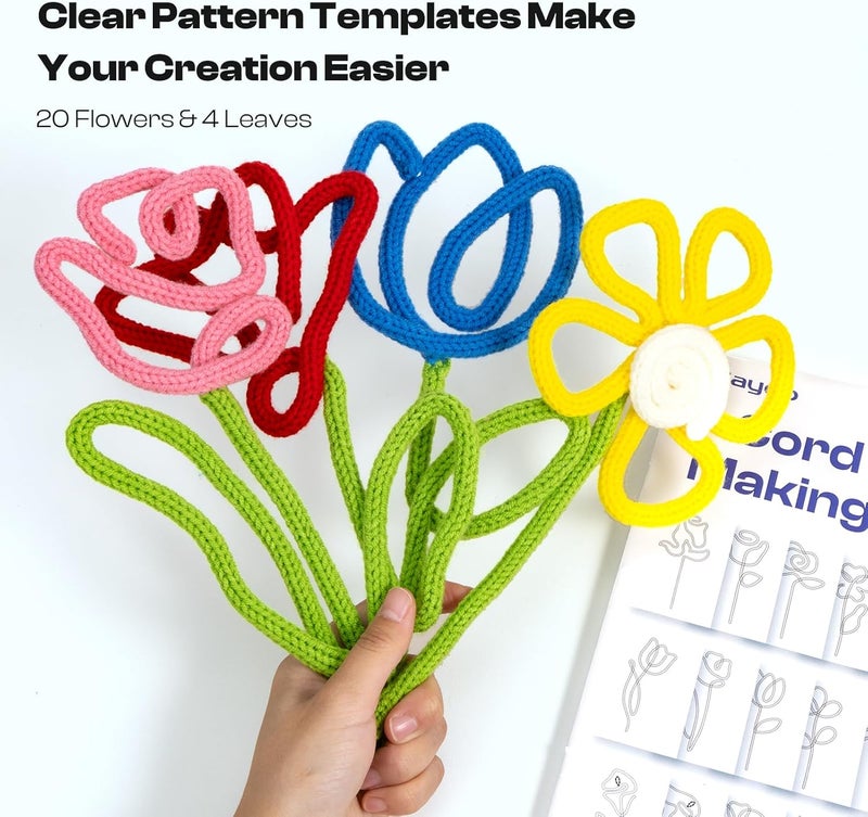 Caydo i Cord Flower Making Kit with 20 Flowers & 4 Leaves Templates, 10pcs Yarn and 82ft Craft Wire Kits for Beginner, DIY Florals Handicraft Making Kit, Learn to Knitting iCord with i Cord Maker Tool - Image 2